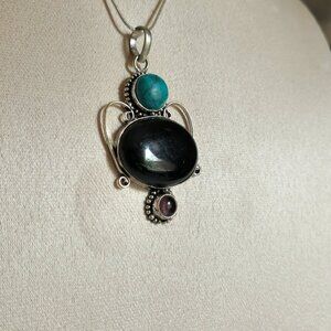 HANDCRAFTED NATURAL ONYX TURQUOISE AMETHYST PENDANT 18" CHAIN NEW